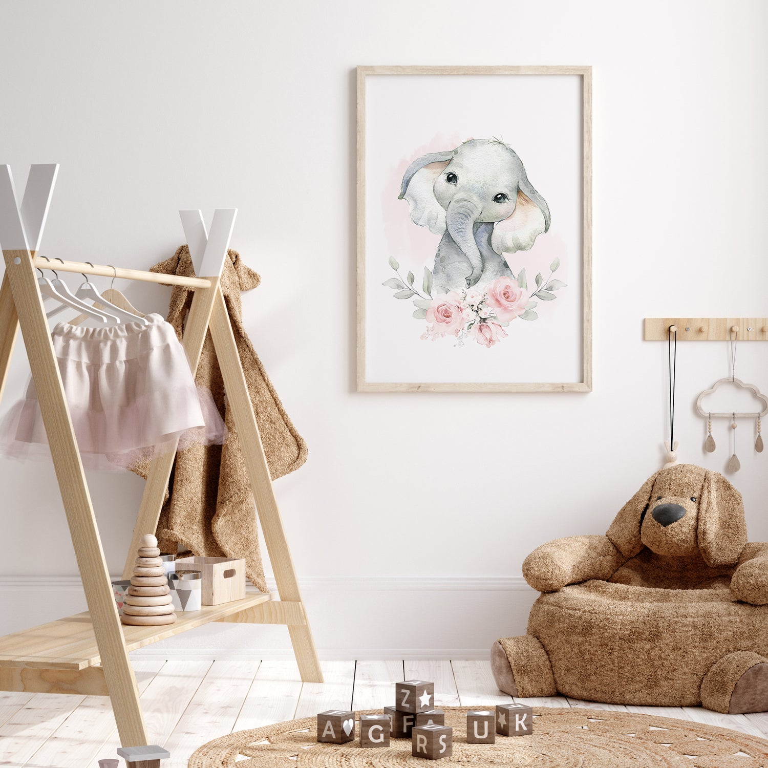 Cute baby elephant with pink roses, watercolor nursery art