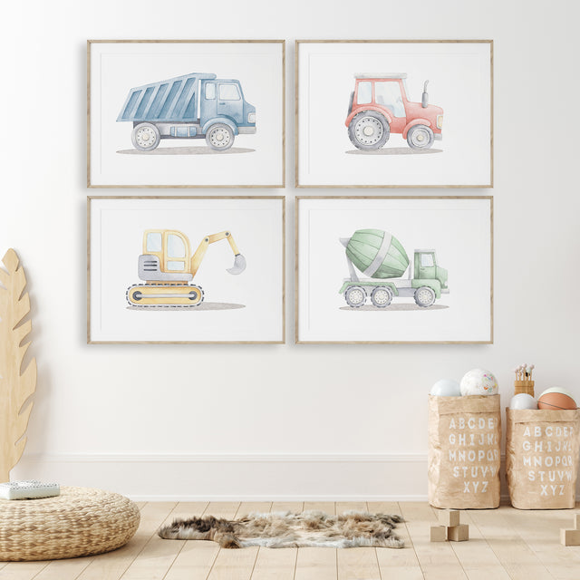 Watercolour construction vehicle set of four with a blue dump truck, red tractor, yellow digger and green cement mixer.