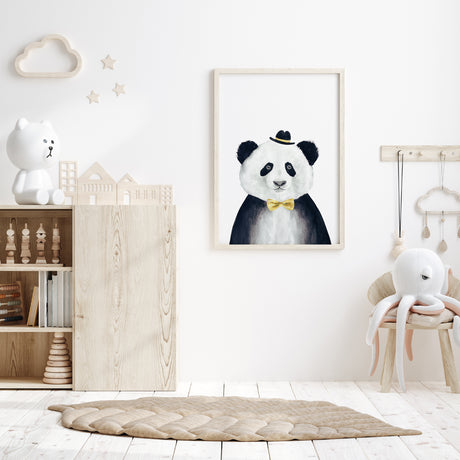 Unframed watercolour panda print with a yellow hat and bow tie on a white background