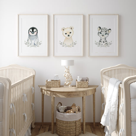 winter animal wall art set for nursery featuring soft neutral animals