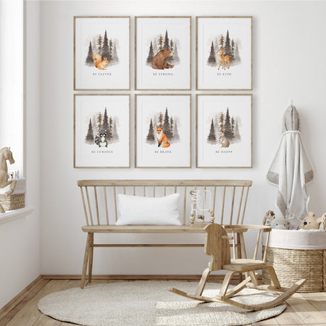 Modern nursery wall art featuring woodland animals