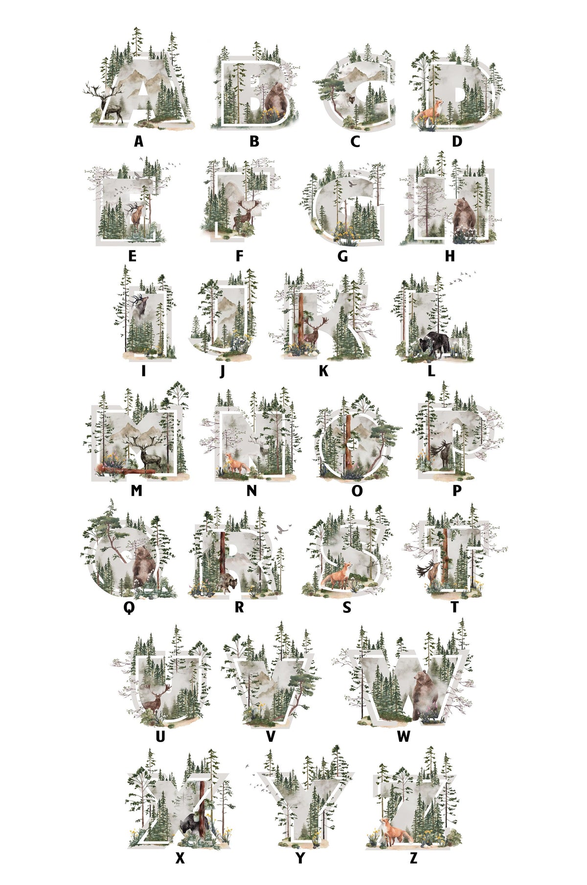 A to Z woodland initial designs featuring bears, deer, forests and mountains for the personalised name print