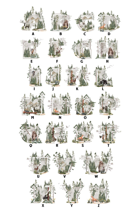 A to Z woodland initial designs featuring bears, deer, forests and mountains for the personalised name print