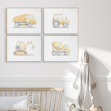 Yellow construction vehicle prints set of four showing a dump truck, tractor, excavator and cement mixer on white.